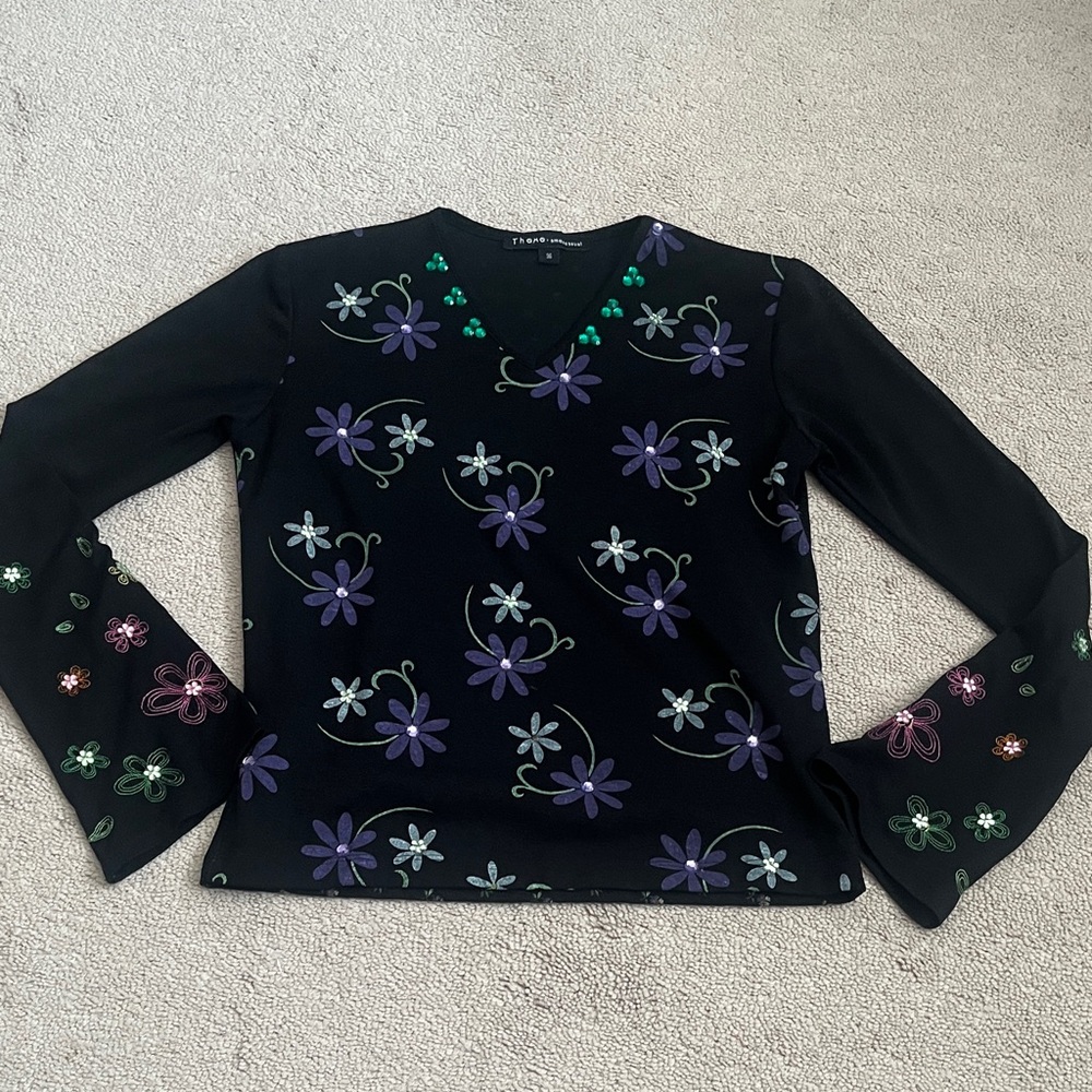 Floral Embroidered Black Long Sleeve Top